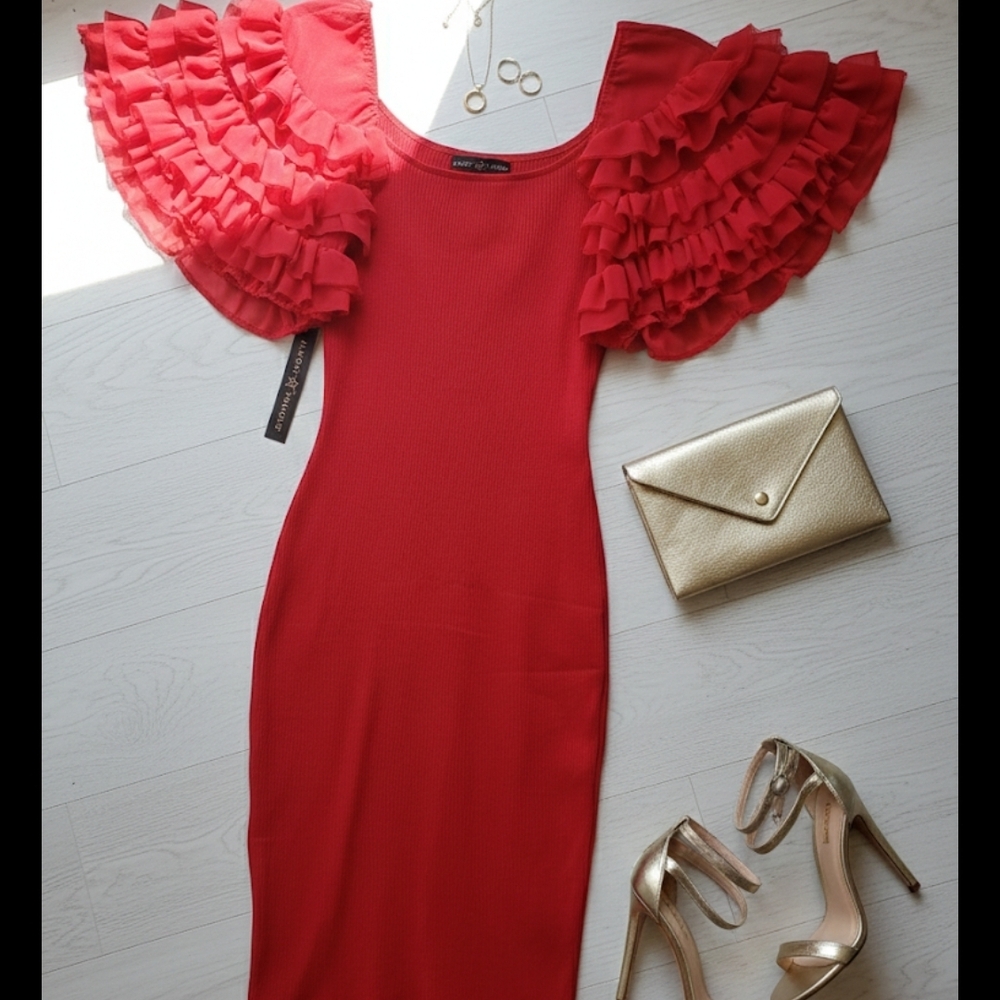 NWT Almost Famous Vibrant Red Ribbed Ruffle Tiered Sleeve Bodycon Midi Dress 1X